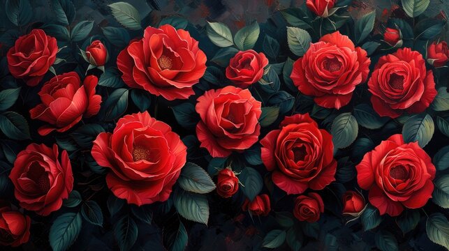Red Roses Painting on Dark Background. Vibrant Colors Contrasting Beautifully. Elegant and Striking Floral Art with Seamless Pattern of Roses Flowers and Green Leaves
