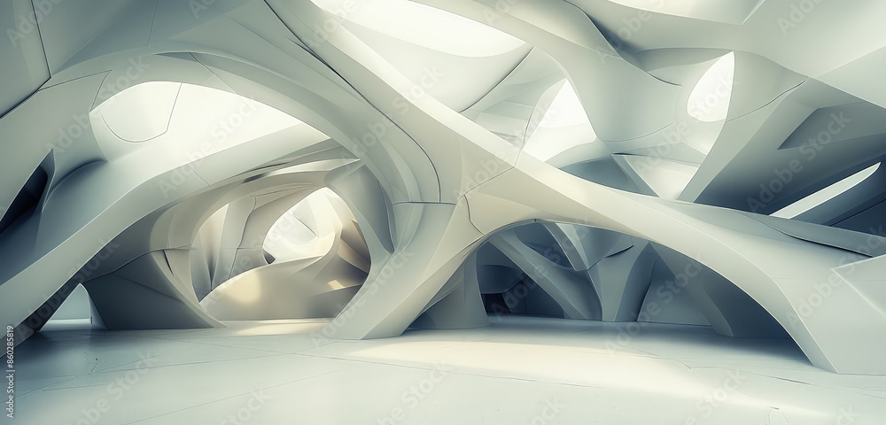 Poster a beautiful 3d rendered image of an abstract geometric interior, showcasing smooth, angular surfaces
