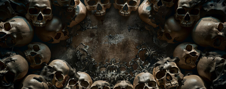 A macabre human skull frame scene with a frame constructed from realistic, aged skulls arranged in a symmetrical pattern. The background includes a haunted castle interior with cobwebs and dim