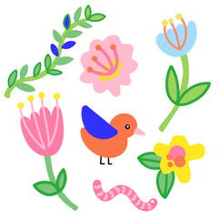 Colorful illustration of flowers, bird, and worm