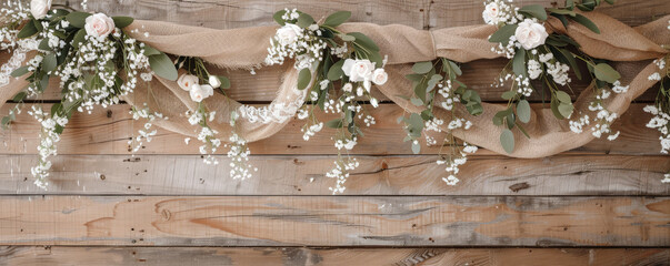 Rustic barn wedding mockup card background with a weathered wood texture and simple, white floral garlands. A burlap ribbon and lace accents add to the country charm.