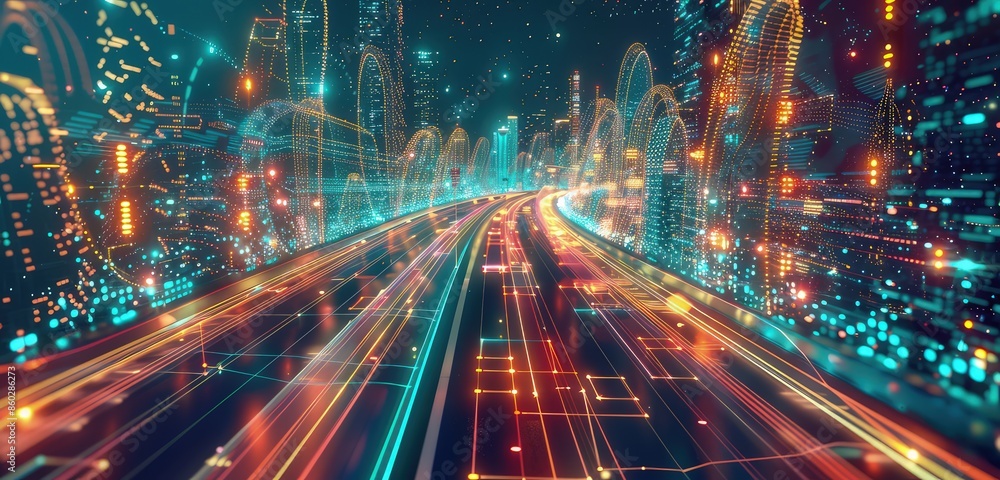 Poster a beautiful 3d rendered scene of a highway road surrounded by a digital space background, with flowi