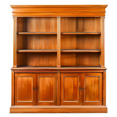 Elegant wooden bookshelf with multiple shelves and cabinets isolated on transparency background, PNG cut out, ideal for home or office storage and display needs.