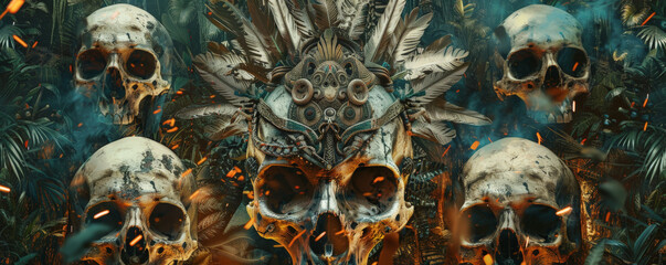 A tribal human skull frame background with a frame crafted from decorated skulls and feathers, arranged in a ritualistic pattern. The background includes a dense jungle with ancient tribal totems and