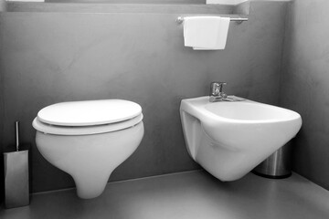 Modern Minimalist Bathroom with Wall-Mounted Toilet and Bidet