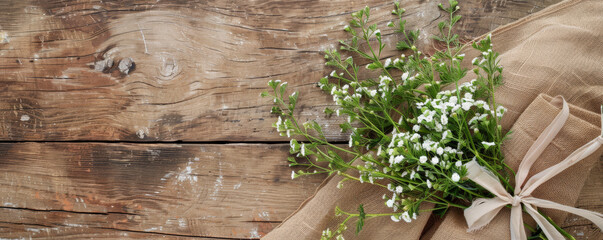 Rustic wedding mockup card background featuring a wooden texture with greenery and white wildflowers. A burlap ribbon adds a touch of country elegance.