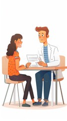 Illustration of a doctor and patient discussing documents at a table, friendly atmosphere, bright colors, office setting