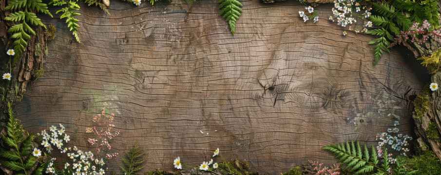 Woodland wedding mockup card background with a textured bark surface, adorned with ferns and tiny wildflowers. A soft mossy green border adds to the natural look.