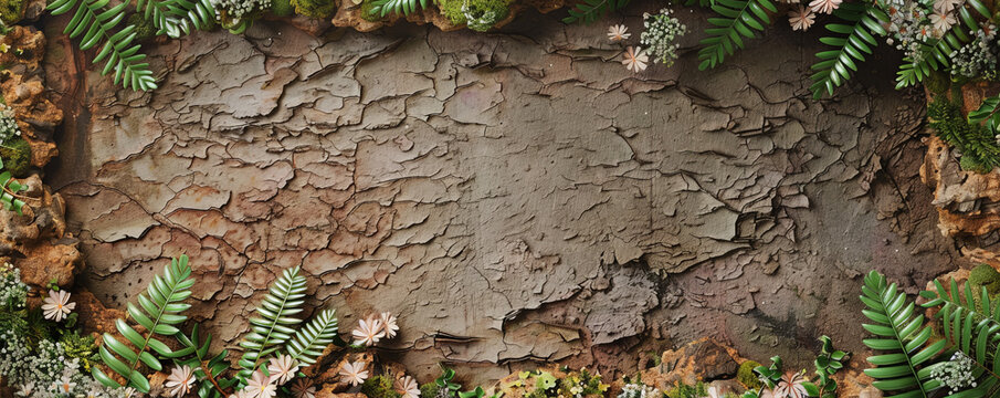 Woodland wedding mockup card background with a textured bark surface, adorned with ferns and tiny wildflowers. A soft mossy green border adds to the natural look.