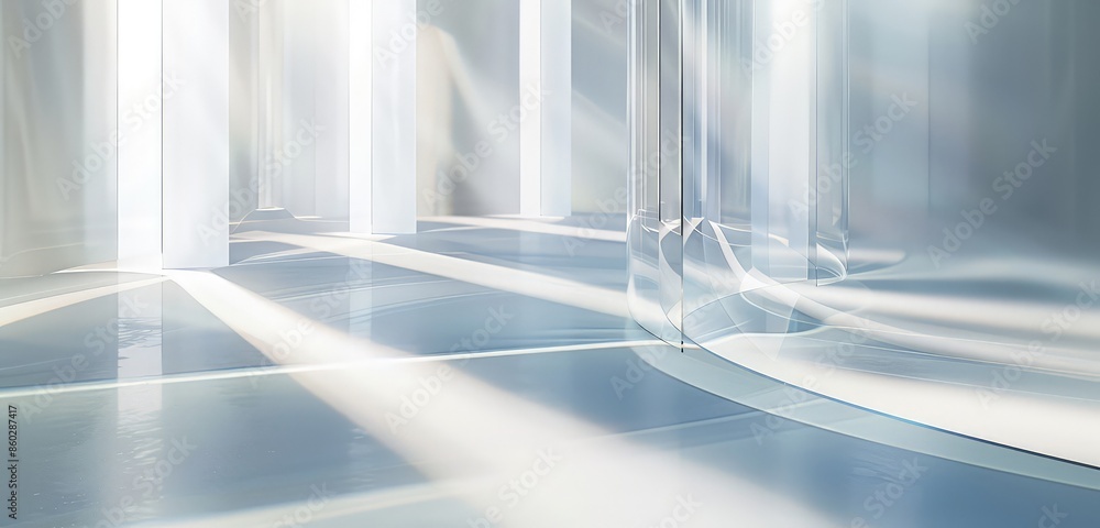 Poster a refined 3d rendered image of gradient transparent curved glass, featuring smooth surfaces and deta