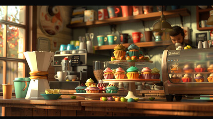 A cozy coffee shop with a display of colorful artisanal cupcakes and a barista brewing espresso 32k, full ultra hd, high resolution