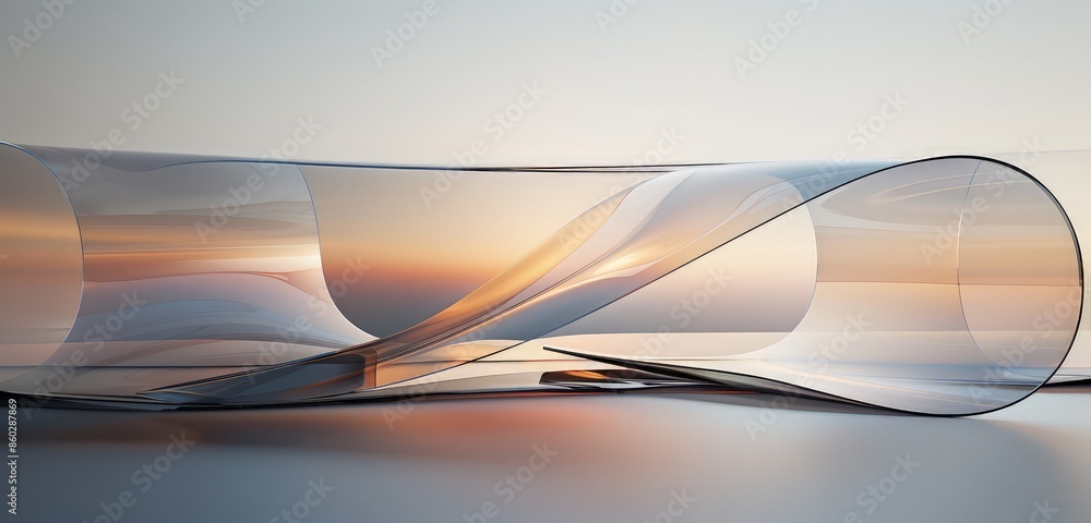 Poster a refined 3d rendered image of gradient transparent curved glass, featuring smooth surfaces and deta