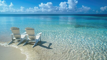 Crystal clear waters lapping gently against the shore, inviting chairs on a pristine sandy beach. Summer bliss awaits. Inspirational tropical beauty captured.