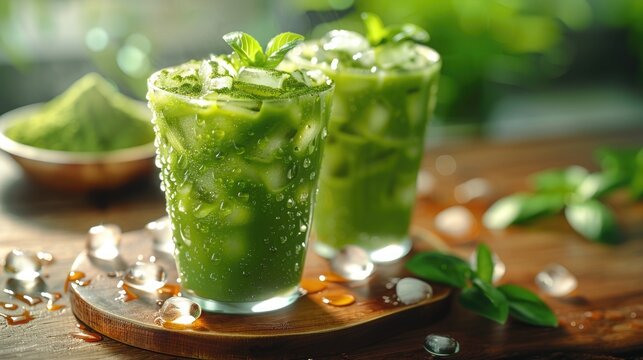 close-up of iced matcha latte with ice cubes and condensation