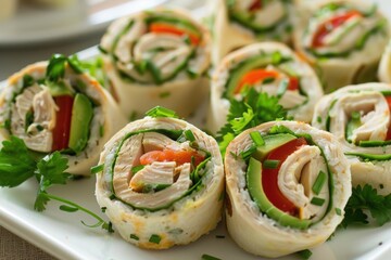 Mini turkey and avocado pinwheels on a serving plate