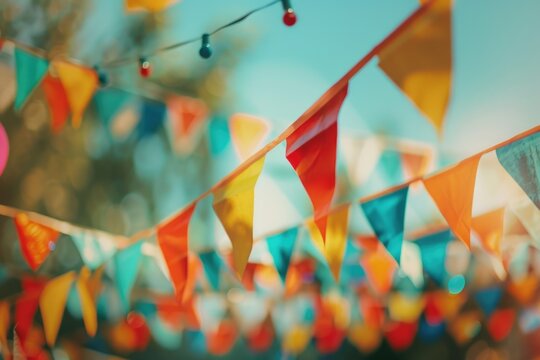 A string with multiple colorful flags hanging from it