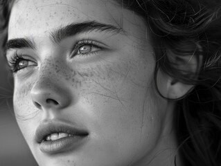 Obraz premium A close-up portrait of a woman with distinctive freckles on her face, perfect for use in beauty or lifestyle content