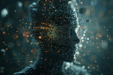 A digital representation of a human face made of matrix-like particles and glowing dots, symbolizing artificial intelligence and futuristic technology.