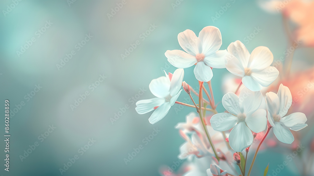 Poster small white flowers on a toned on gentle soft blue and pink background outdoors closeup macro spring
