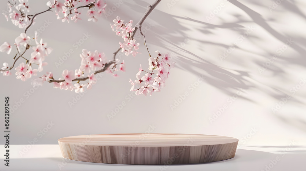 Poster Geometric empty podium wooden platform stand for product presentation and spring flowering tree branch with pink flowers on white background : Generative AI