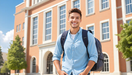 Fototapeta premium A smiling young male student wearing a backpack and casual clothes, standing confidently on a university campus with modern buildings in the background. Education, lifestyle, or college concepts.