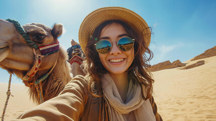 portrait of a woman taking a selfie with a camel