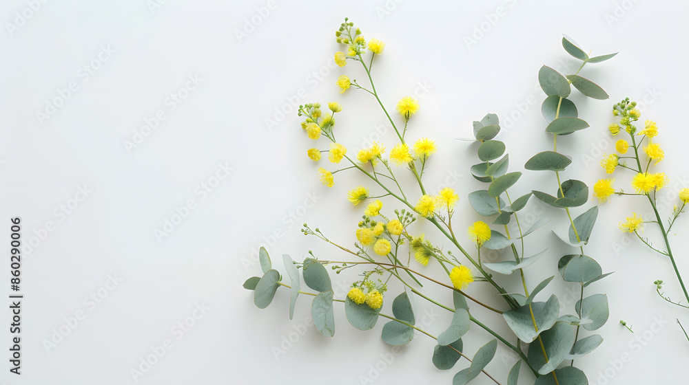 Poster flowers composition yellow flowers eucalyptus branches on white background spring concept flat lay t