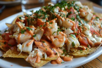 Seafood nachos with shrimp and spicy aioli sauce for appetizer