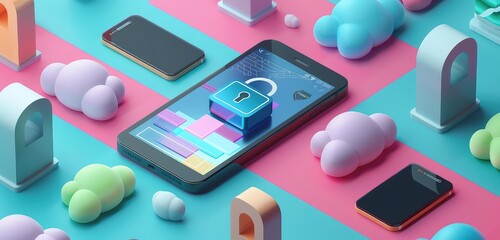 A refined 3D rendered image of a mobile phone with a security lock icon, surrounded by colorful cloud computing graphics, emphasizing the vibrant and secure theme.