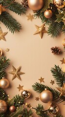 Christmas frame. Xmas tree branches decorated golden stars and balls on beige background. Flat lay, top view, copy space. Christmas banner mockup, poster template 
