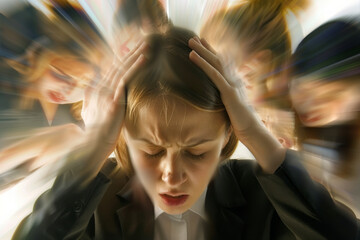 A person overwhelmed by the hectic pace of life, grasping their head amidst a backdrop of blurred, rushing figures.