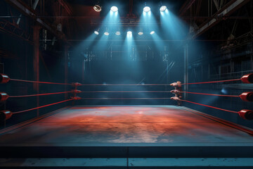 A dramatic wrestling ring under vibrant spotlights, ready for a high-energy match, capturing the anticipation and intensity of the sport.