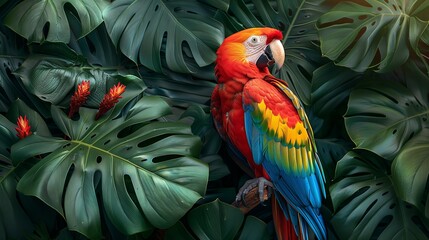 Obraz premium A parrot with multi-colored feathers sitting on a branch, set against a background of large, vibrant green leaves