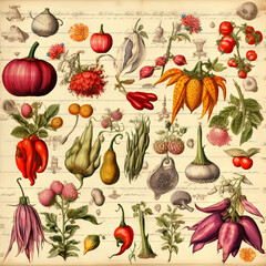 vintage plants paper with vegetable and fruits design grunge. scrap booking backgrounds, wallpapers with berries, fruit and veggies.  vintage frame card design with copy space.