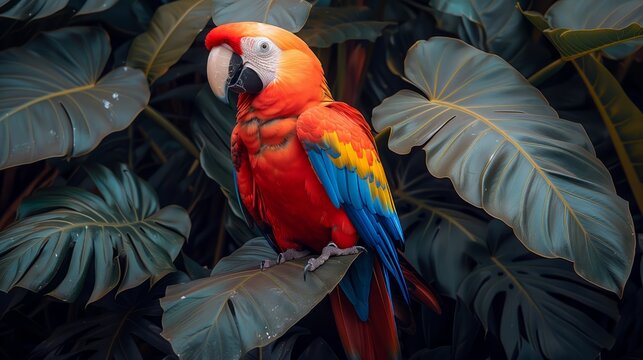 A parrot with multi-colored feathers sitting on a branch, set against a background of large, vibrant green leaves