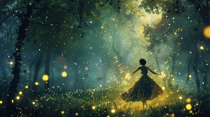 An enchanting firefly dance in the twilight, encircled by glowing fireflies and twinkling stars.