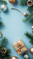 Christmas gift and decorations with pine branches on pastel blue background. Flat lay, top view. Christmas frame. Minimal style 
