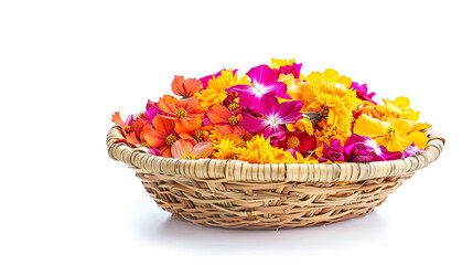 Flowers with basket isolated on white background Onam and Diwali concept image : Generative AI