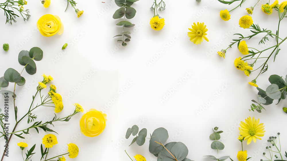 Poster flowers composition wreath made of various yellow flowers and eucalyptus branches on white backgroun