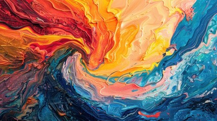 An abstract composition of vibrant colors swirling together, reminiscent of a sunset over the ocean.