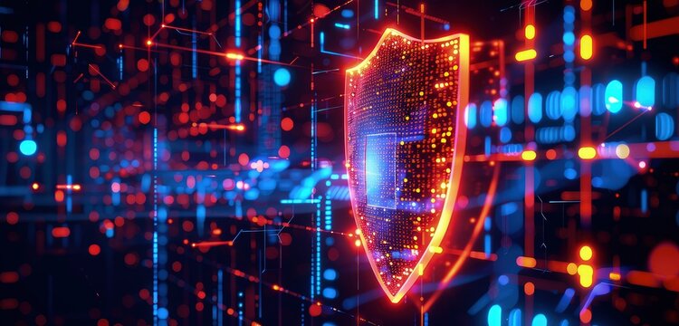 A refined 3D rendered image of a safety shield against a technology-themed background, highlighting the intricate digital patterns and vibrant light interactions.