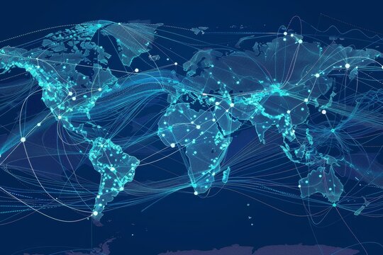 Global Routes of Container Shipping Highlighted with Dotted Lines Across World Map