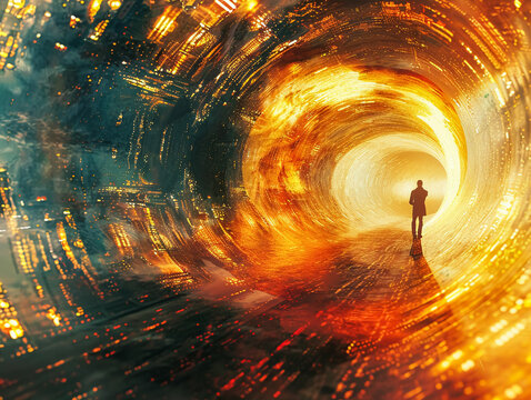 Temporal Rift, Electric Energy, Distorted reality, Daring explorers facing temporal anomalies in a subspace pocket dimension Realistic, Golden Hour, Chromatic Aberration