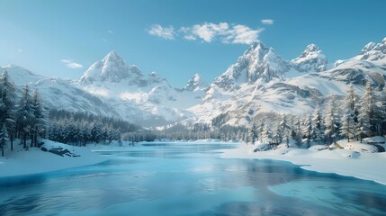 Snow-Capped Mountains and Frozen Lake in a Winter Wonderland