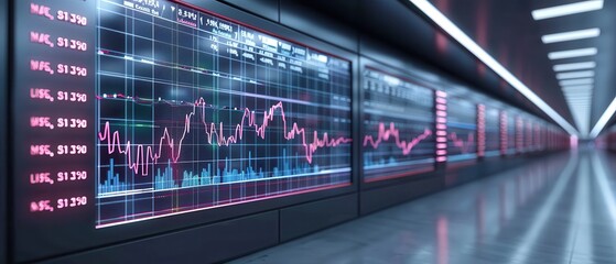 Fototapeta premium Digital stock market display with trading data and charts in a modern financial exchange environment.