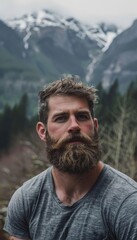 Rugged Bearded Man on Outdoor Adventure in Scenic Mountain Landscape for Hiking & Travel Themes