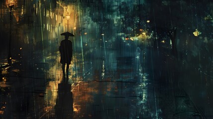 Lone Figure Walking at Night on Rainy City Street