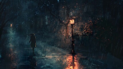 Fototapeta premium Lone Figure Walking on Rainy City Street at Night