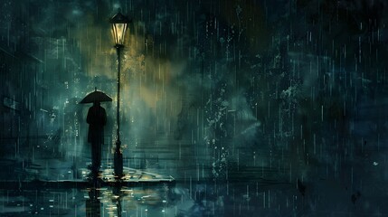 Lone Figure Walking on Rainy City Street at Night