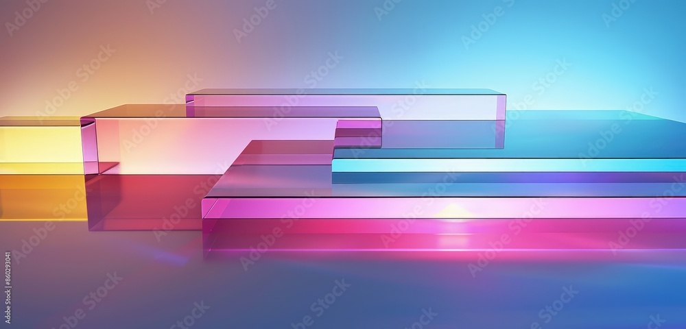 Poster a sleek and modern 3d rendering of a gradient multilayer glass background, featuring smooth color tr